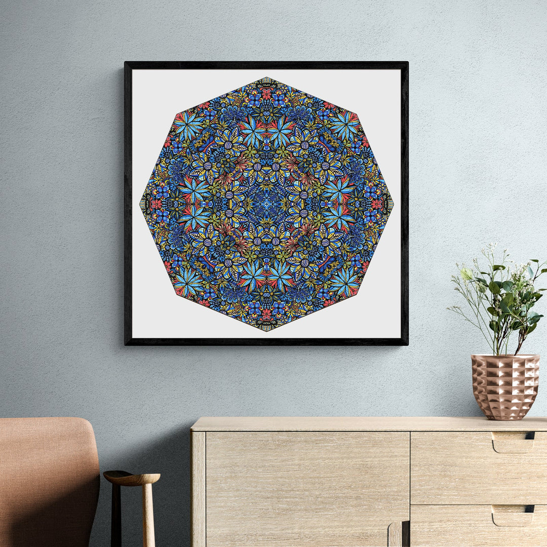 Mandala Talavera Bouquet artwork by Lori Anne McKague displayed in modern home setting.