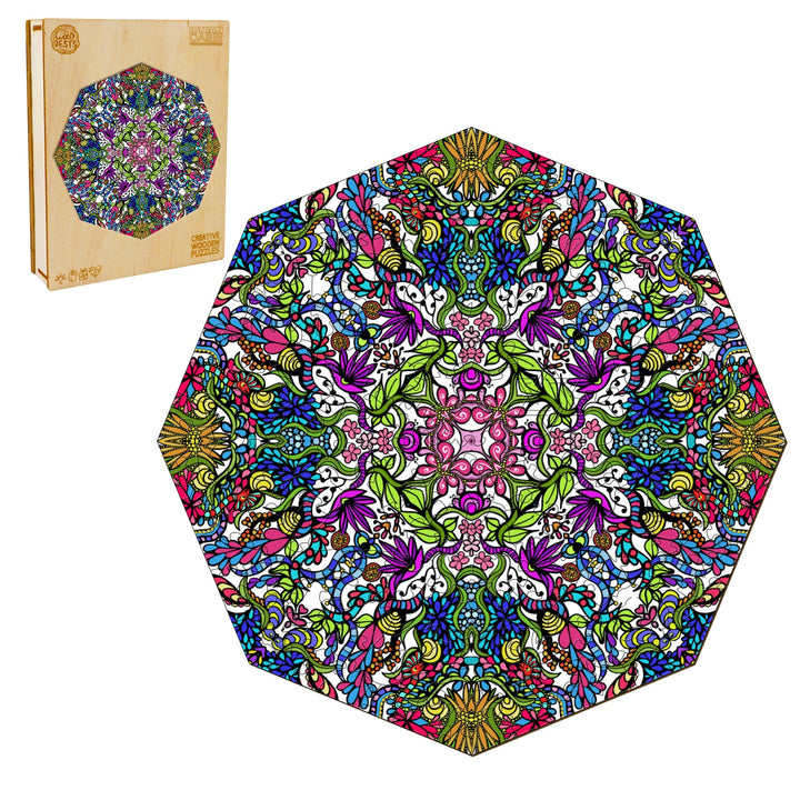 Colorful octagon doodle art by Lori Anne McKague, featuring intricate floral patterns and vibrant designs.