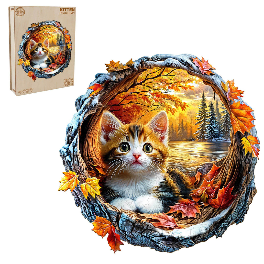 3D Kitten in Autumn Wooden Jigsaw Puzzle - Woodbests