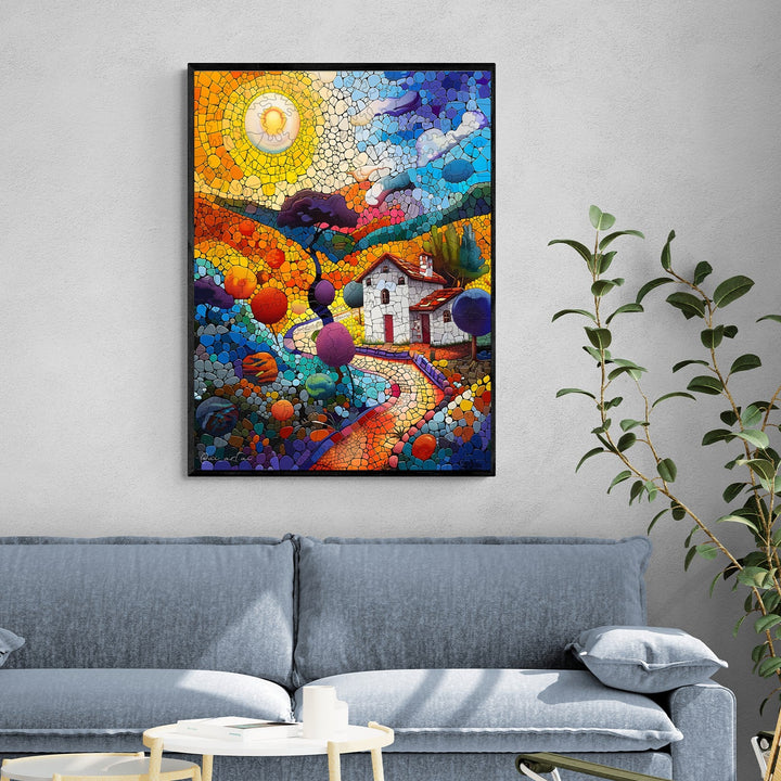 Colorful painting of a country house by artist Pietro Gallo, enhancing artistic inspiration in a modern living room.