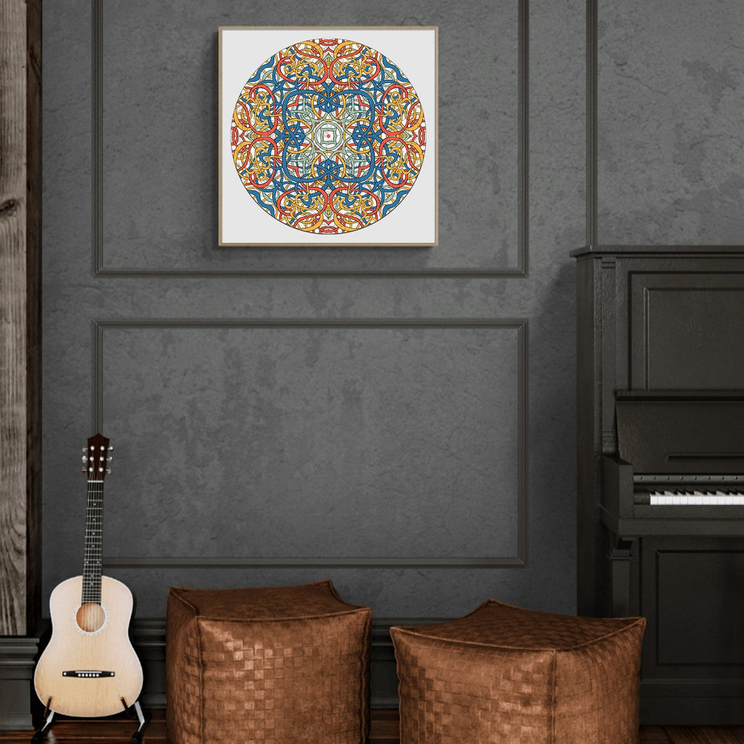 Mandala Celtic Chaos artwork by Lori Anne McKague displayed in a modern living room with guitar and seating.