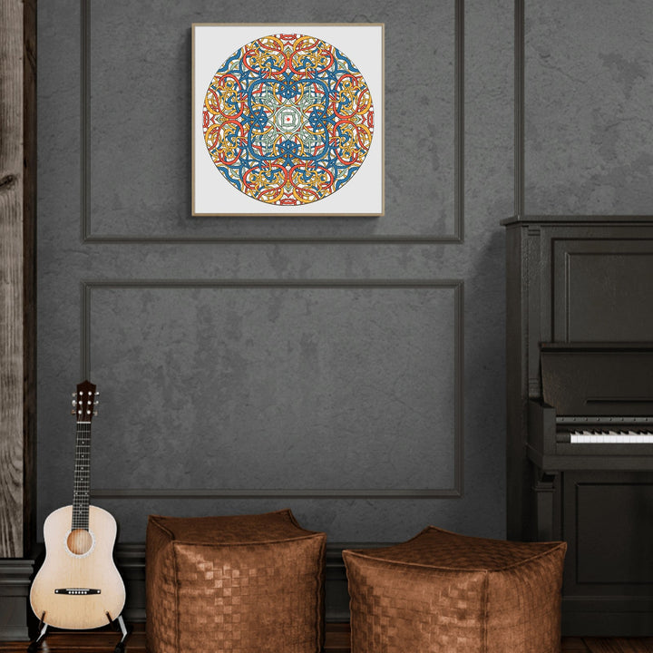 Mandala Celtic Chaos artwork by Lori Anne McKague displayed in a modern living room with guitar and seating.