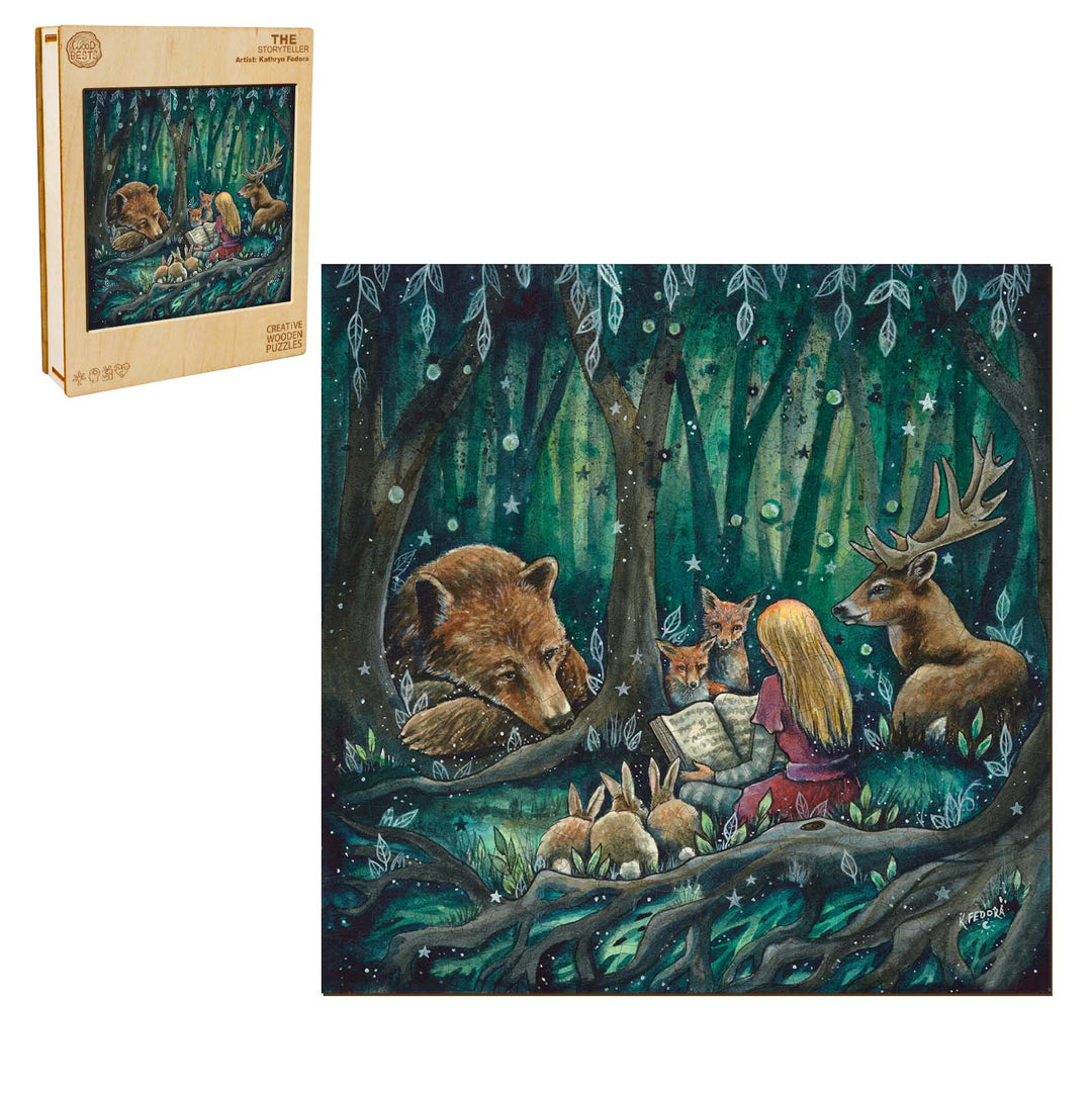 The Storyteller artwork by Kathryn Fedora, depicting a girl reading to forest animals in a magical setting.