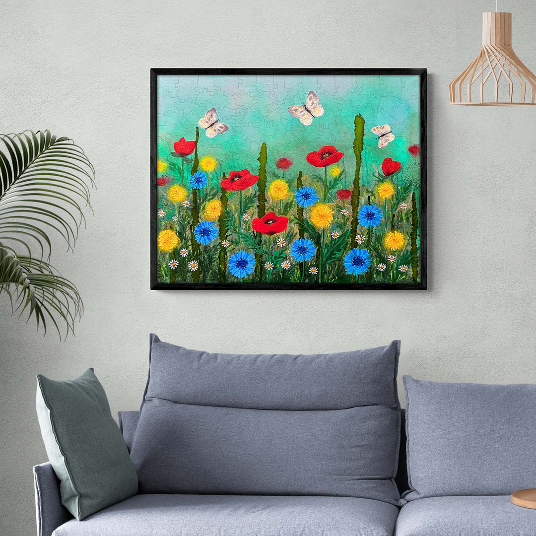 Poppy Garden artwork by Nicholas John VARDAXIS, featuring vibrant flowers and butterflies, bringing artistic inspiration to your space.
