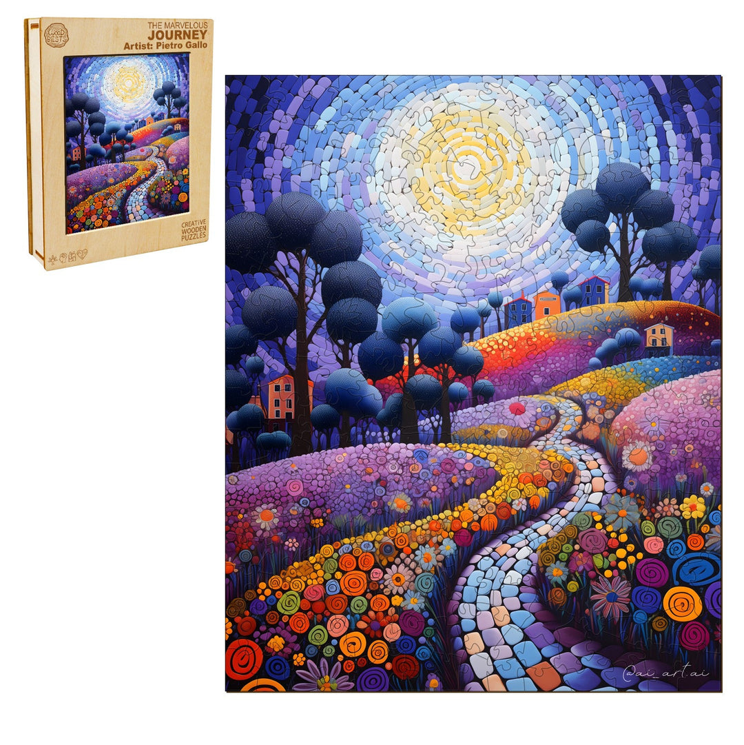 Colorful landscape puzzle artwork titled 'The Marvelous Journey' by artist Pietro Gallo, featuring vibrant flowers and trees.