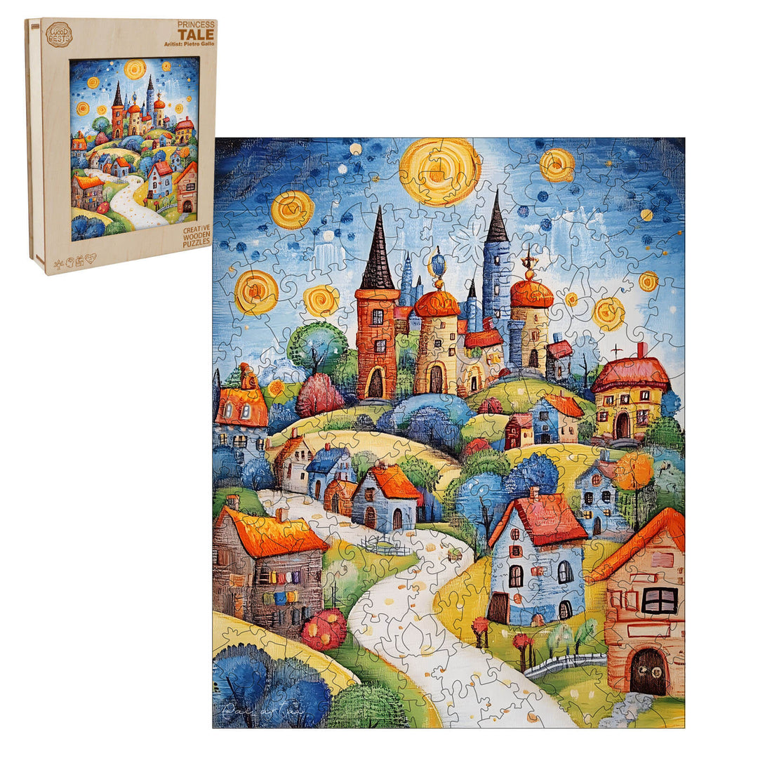 Colorful puzzle artwork titled 'Princess Tale' by Pietro Gallo, featuring a whimsical village and starry night.
