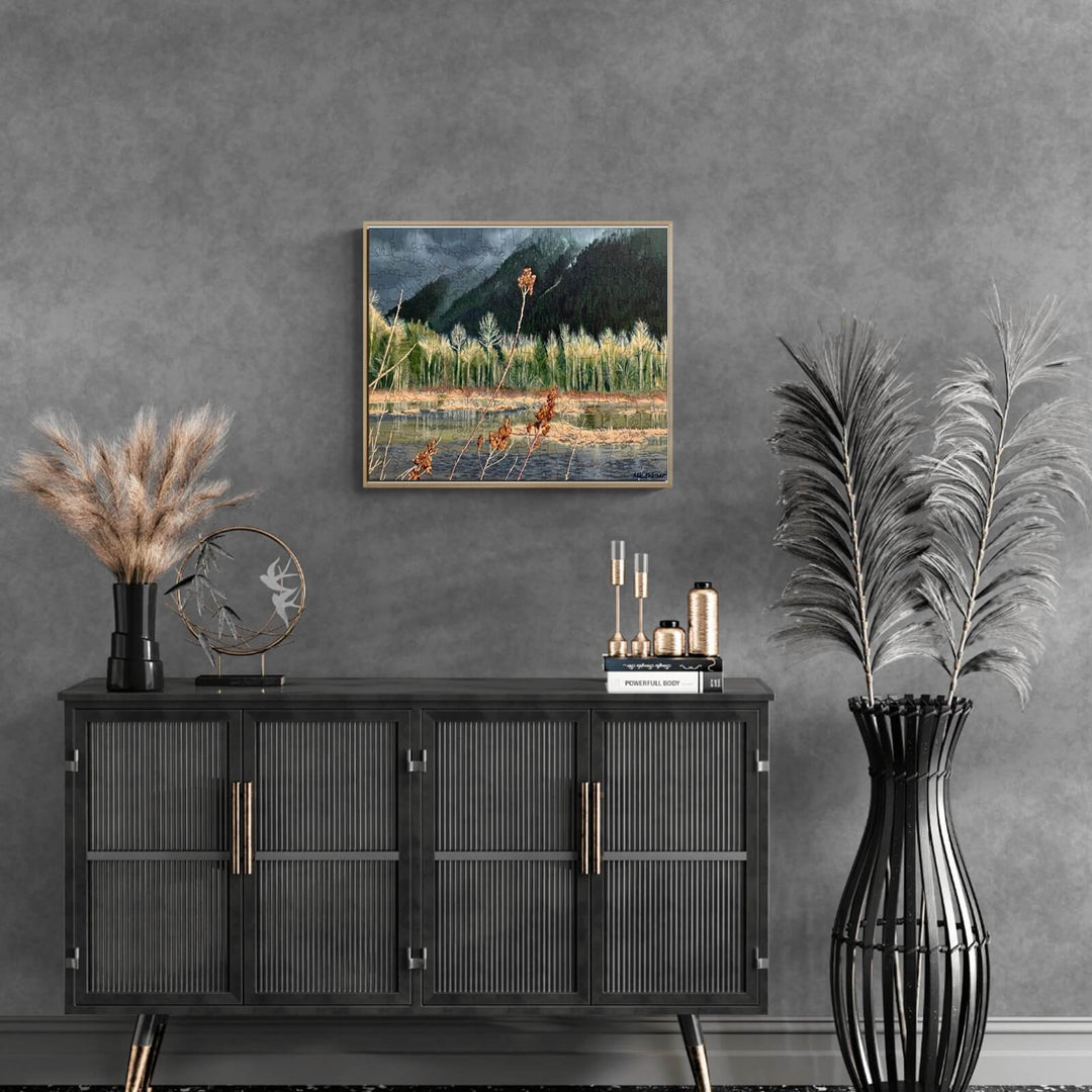 Framed painting 'Distant Storm' by Marianne K Palmer in a modern living room setting with decorative plants.