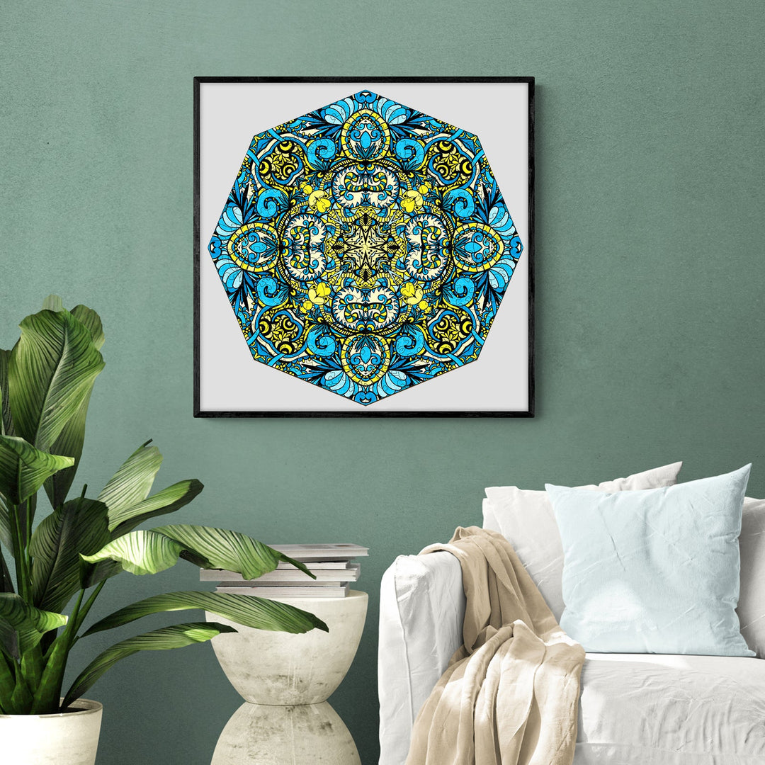 Colorful doodle art by Lori Anne McKague, featuring intricate patterns in blue and yellow, displayed in a modern living room.