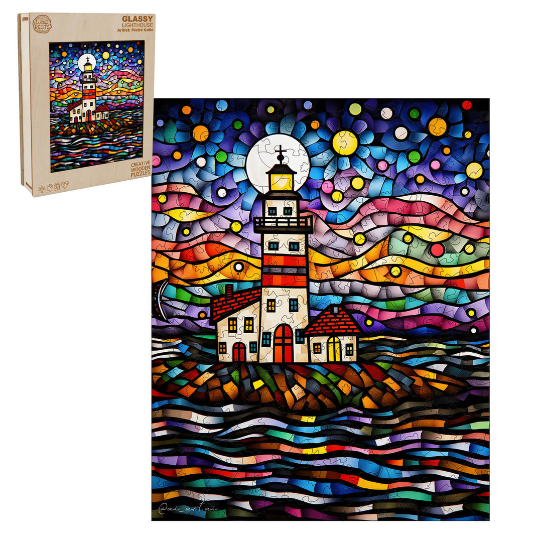 Glassy Lighthouse puzzle by Pietro Gallo, featuring vibrant colors and intricate design, ideal for artistic inspiration.