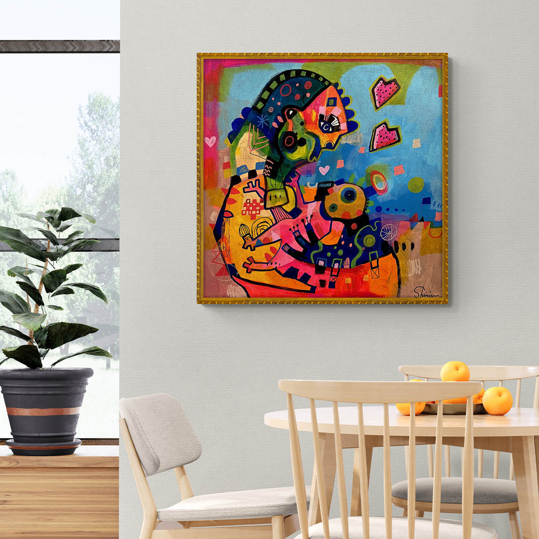 Colorful artwork titled 'Mother and Son' by Shirin Moarefi, showcasing a vibrant relationship in a modern setting.