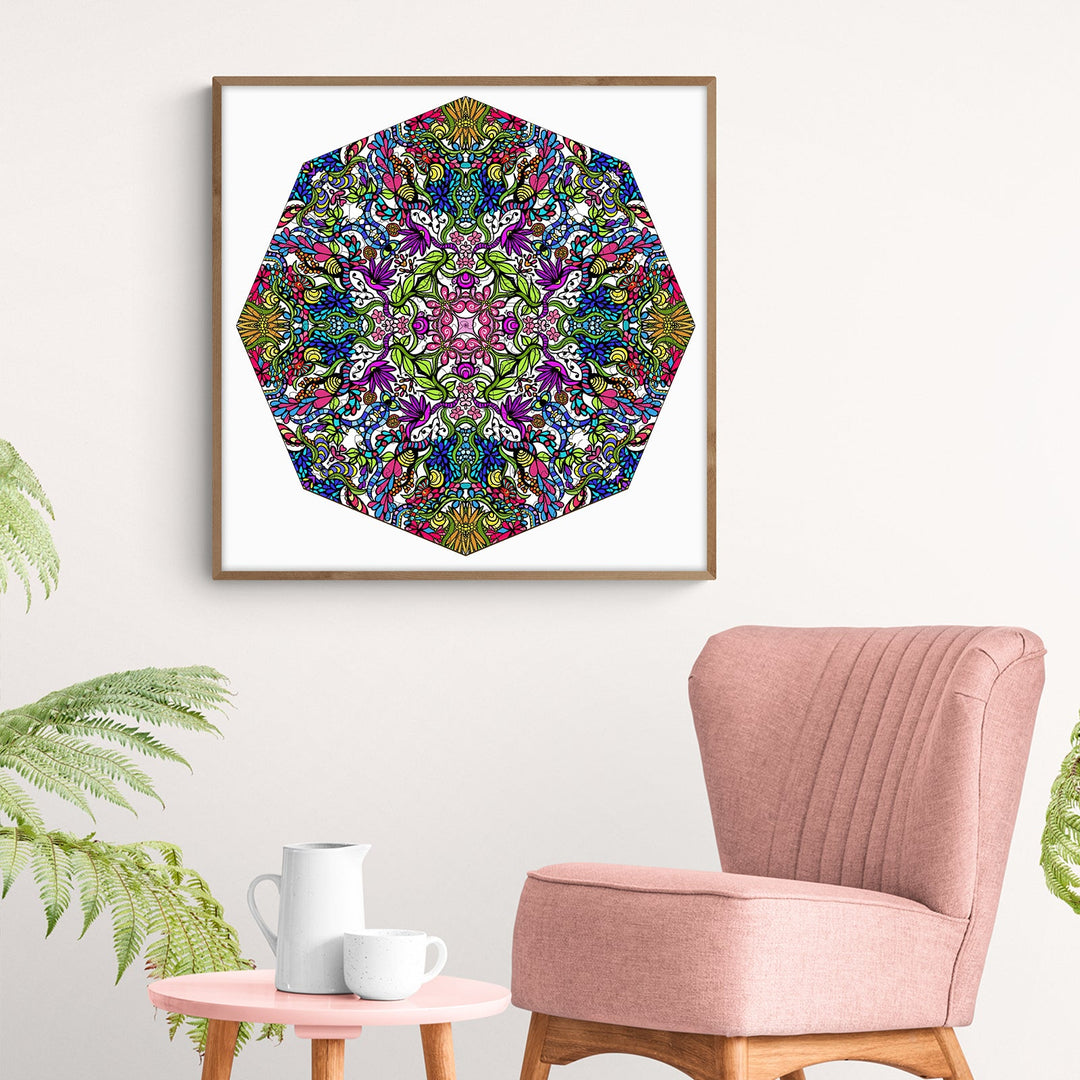 Colorful hexagonal doodle art by Lori Anne McKague displayed in a modern living space, perfect for home decor.