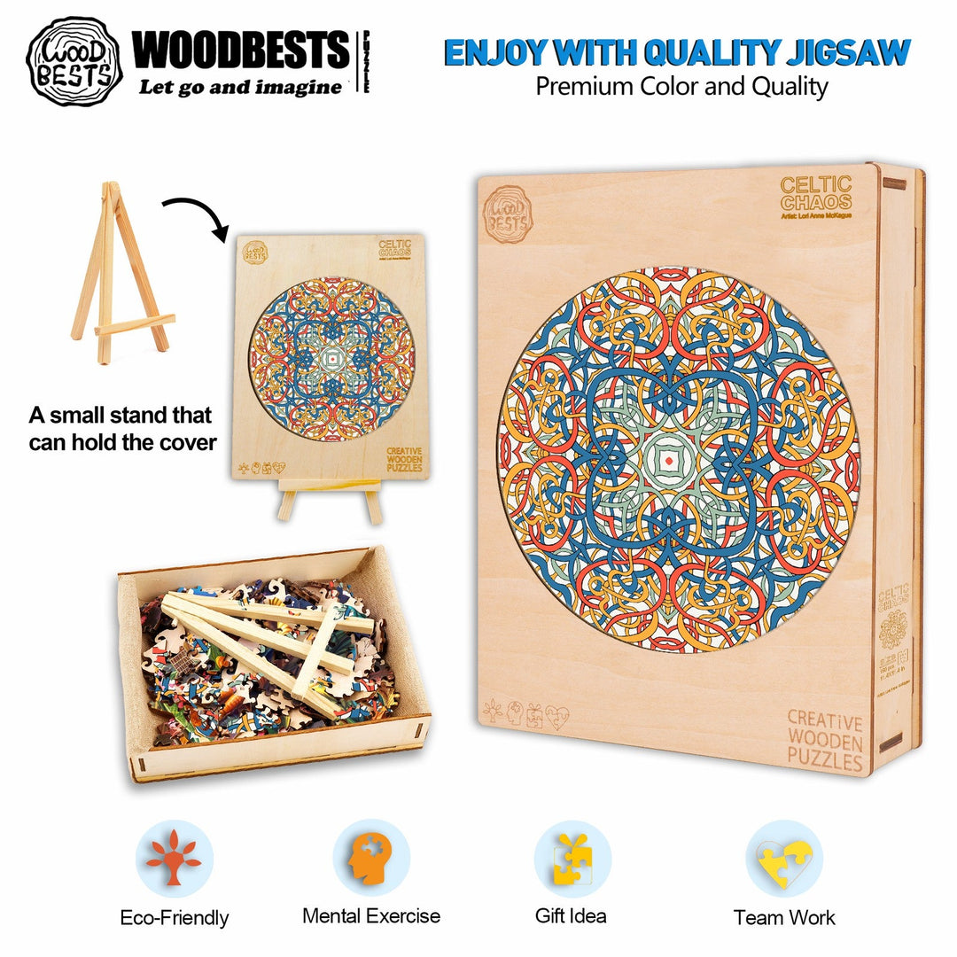 Mandala Celtic Chaos jigsaw puzzle by Woodbest, featuring vibrant colors and eco-friendly wooden pieces for enjoyable mental exercise.