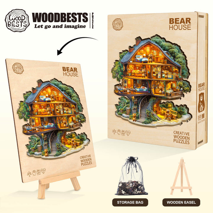 Bear House wooden jigsaw puzzle with storage bag and easel, designed for enhancing focus and mental skills.