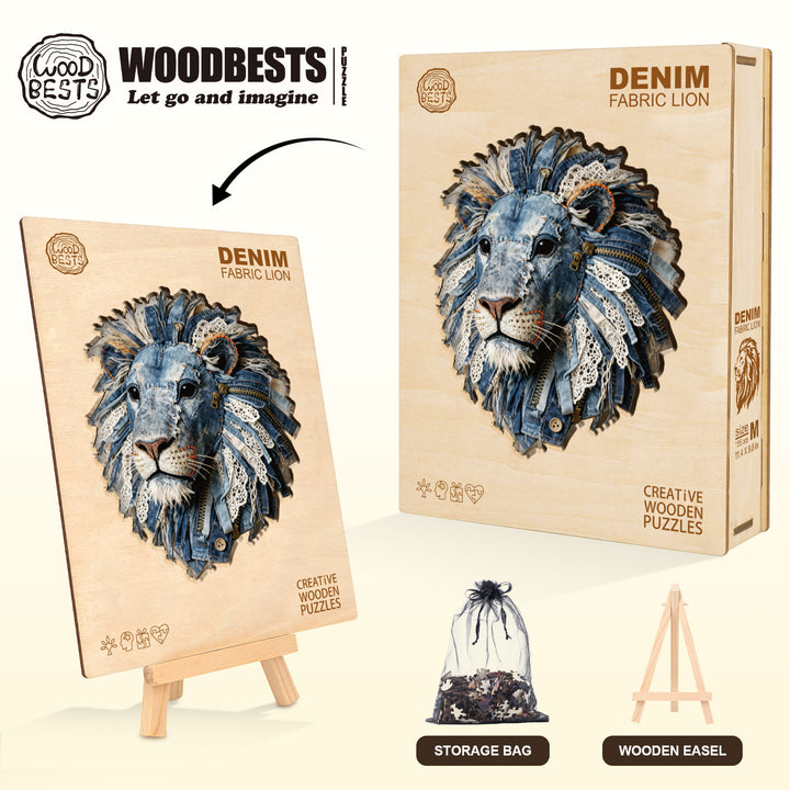 Denim Fabric Lion Wooden Jigsaw Puzzle