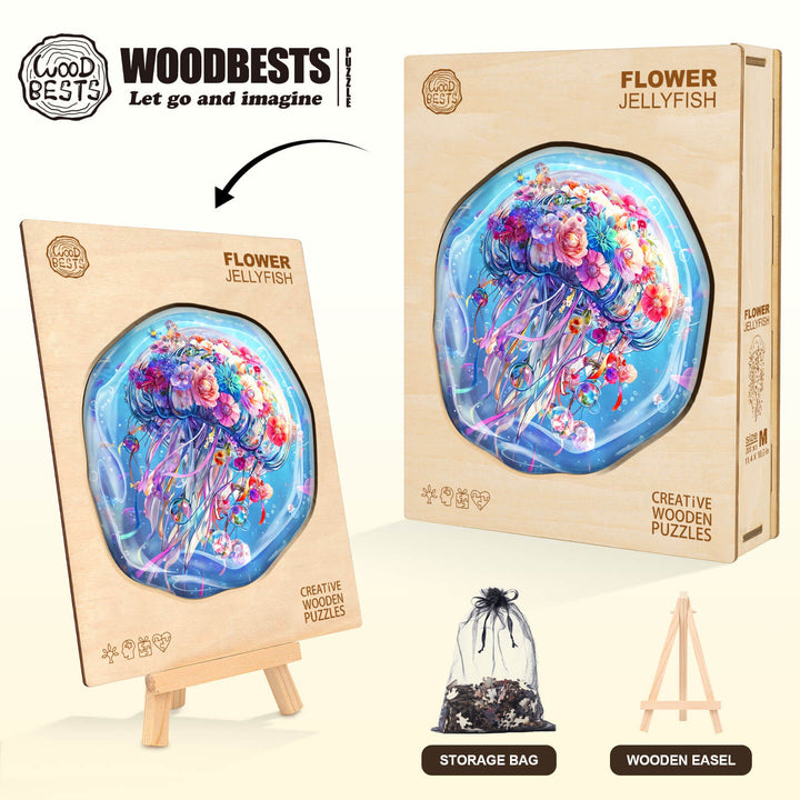 Flower Jellyfish wooden jigsaw puzzle for creative minds, includes storage bag and wooden easel for easy display.