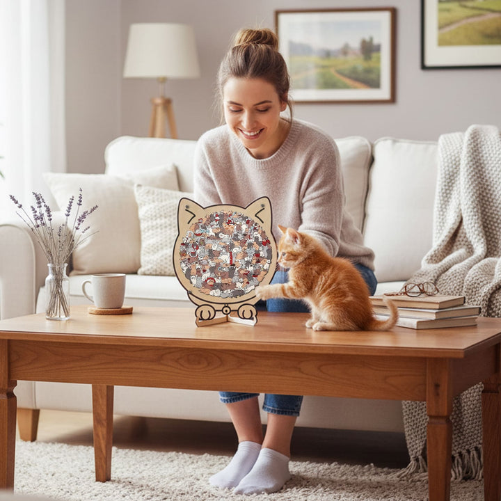 Morandi-Colored Cute Cat Shaped Wooden Jigsaw Puzzle