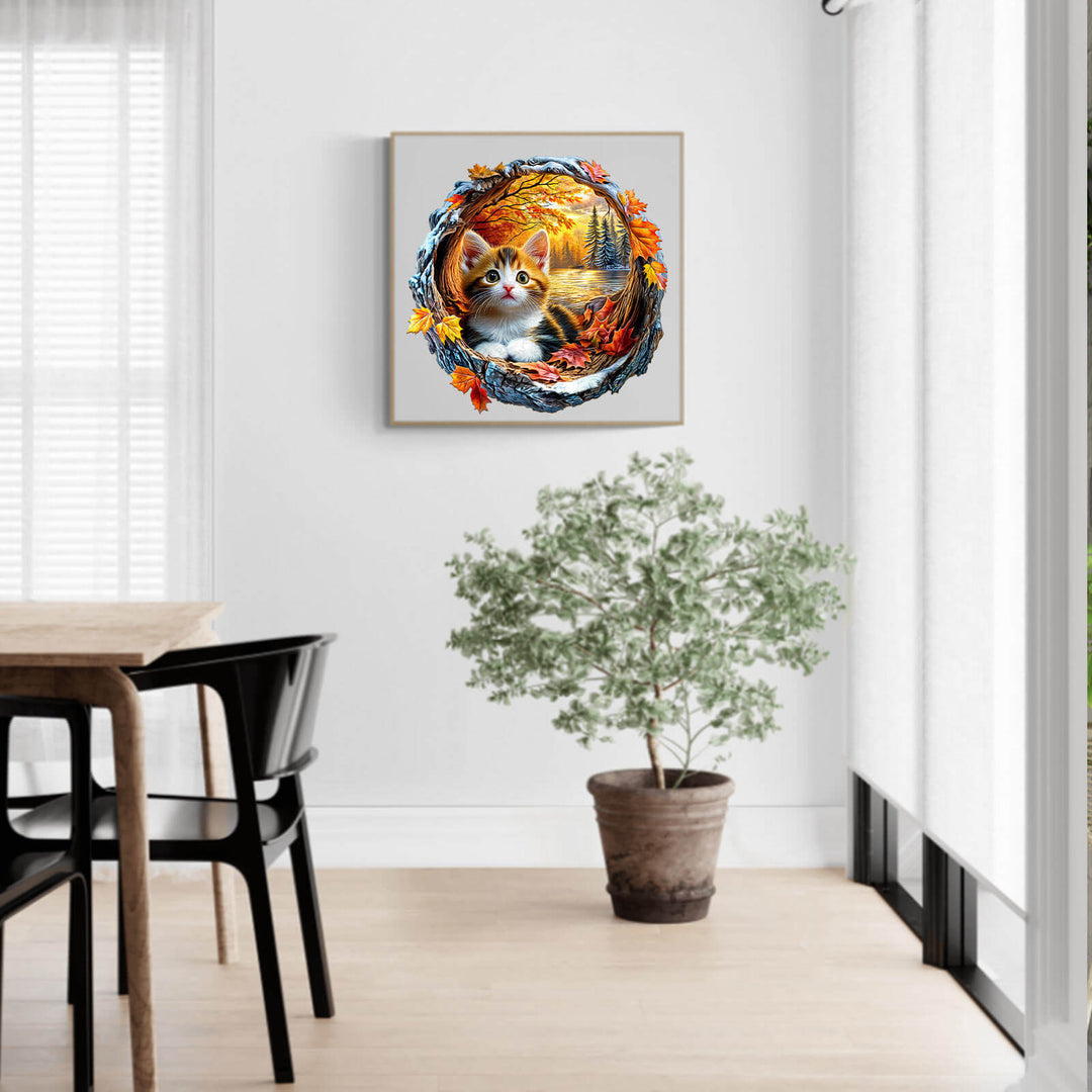 3D Kitten in Autumn Wooden Jigsaw Puzzle - Woodbests