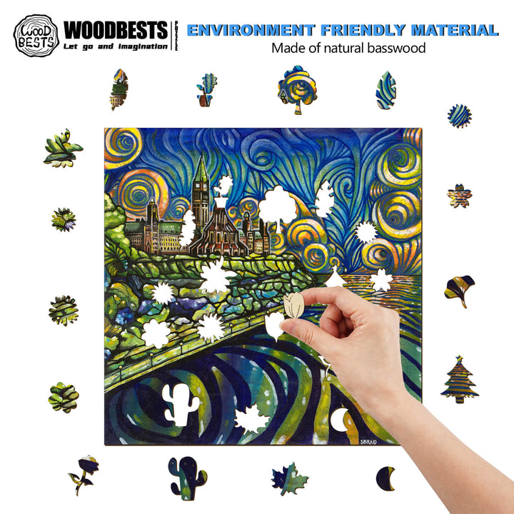 Hand placing natural basswood puzzle piece inspired by a colorful landscape painting.