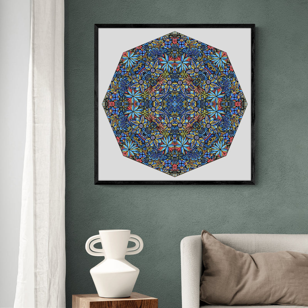 Mandala Talavera Bouquet by Lori Anne McKague, colorful doodle art displayed in a modern living room setting.