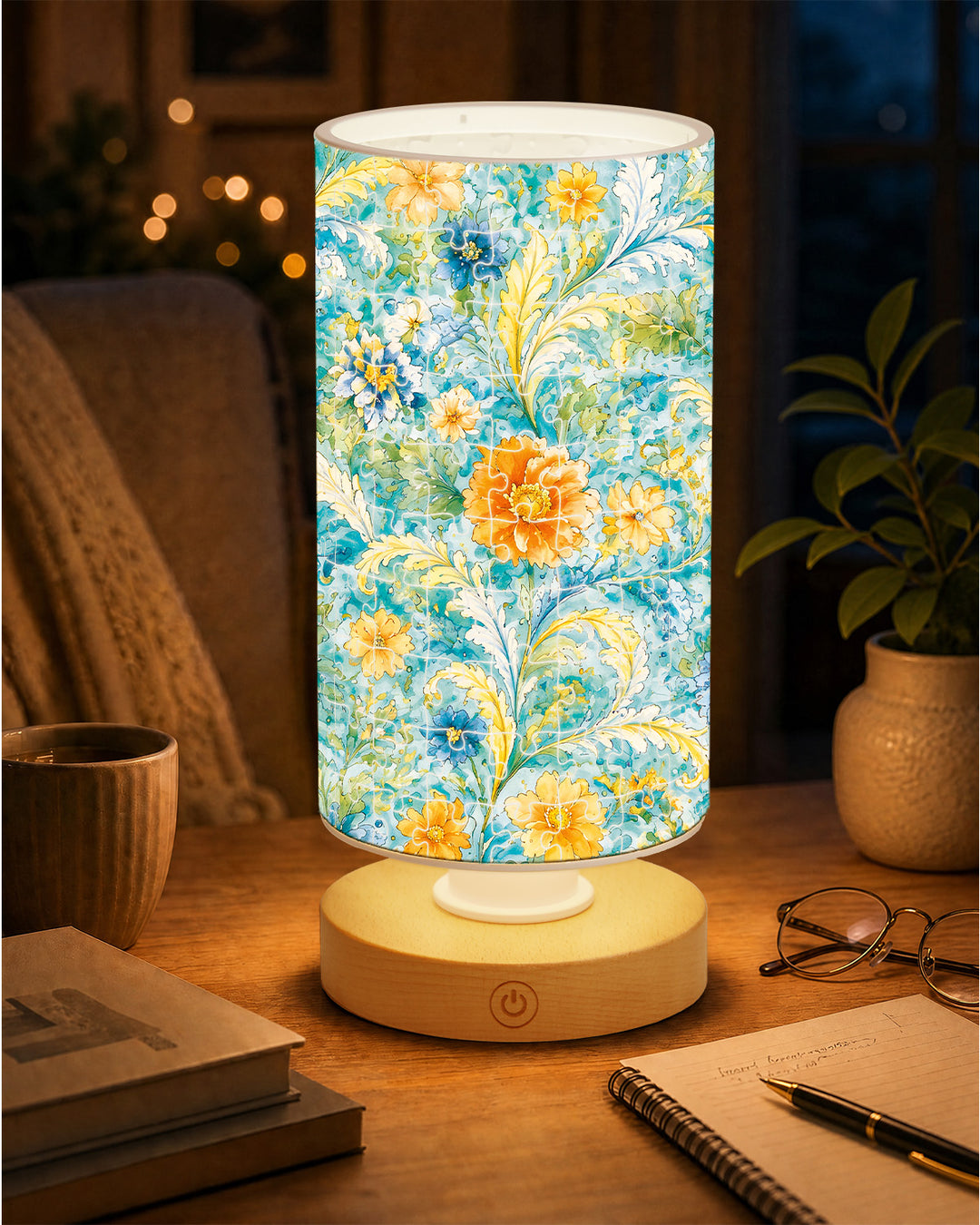 DIY Dimmable Acrylic Cylindrical Puzzle Lamp - Azure Floral Rhapsody