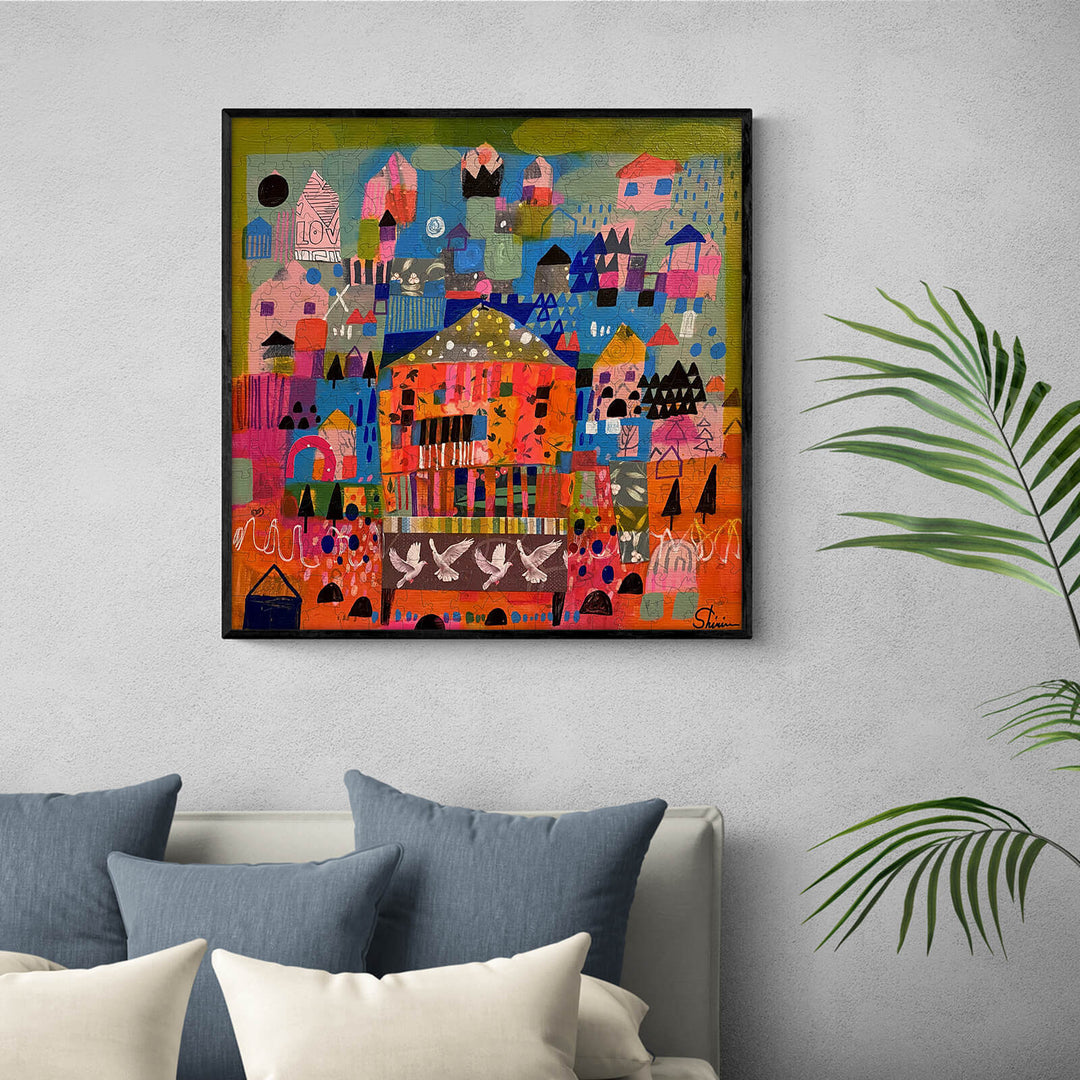 Colorful abstract artwork titled 'This Shall Pass' by Shirin Moarefi, displayed on a wall above a couch.