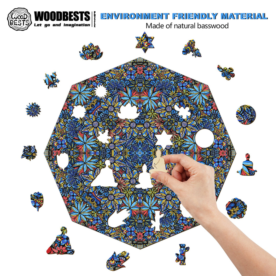 Colorful mandala puzzle made of natural basswood, featuring a hand placing a piece in the intricate design.
