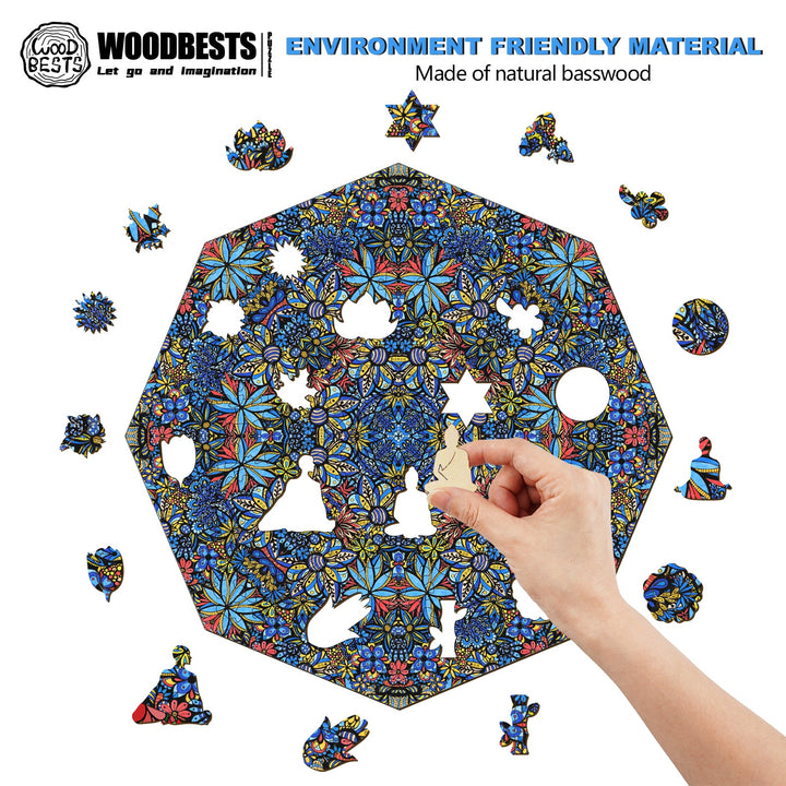 Colorful mandala puzzle made of natural basswood, featuring a hand placing a piece in the intricate design.