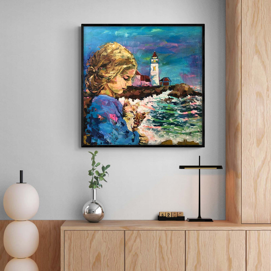 Colorful painting 'Rescue' by artist Arlet Gomez, featuring a girl by the water, a lighthouse in the background.