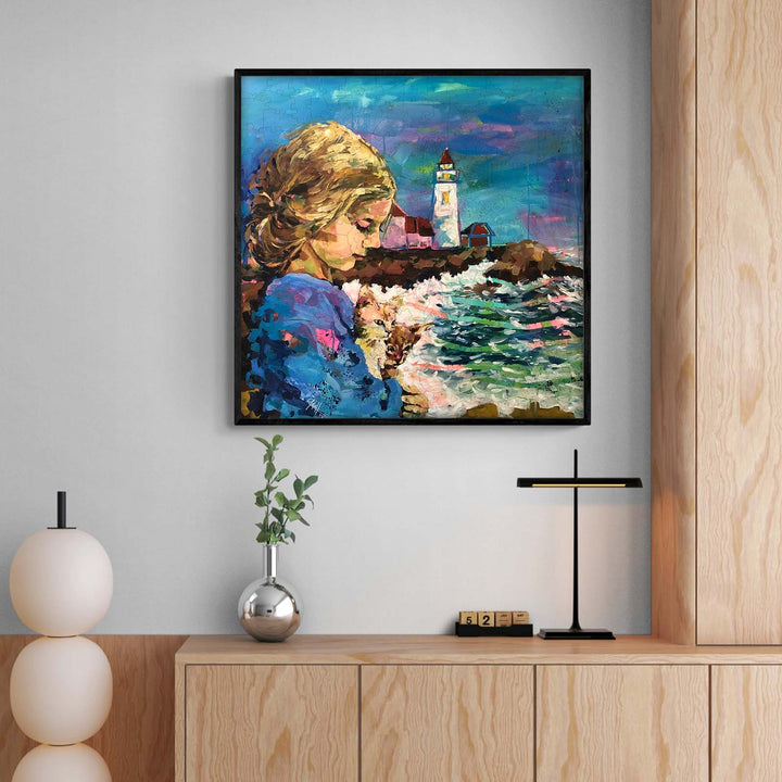 Colorful painting 'Rescue' by artist Arlet Gomez, featuring a girl by the water, a lighthouse in the background.