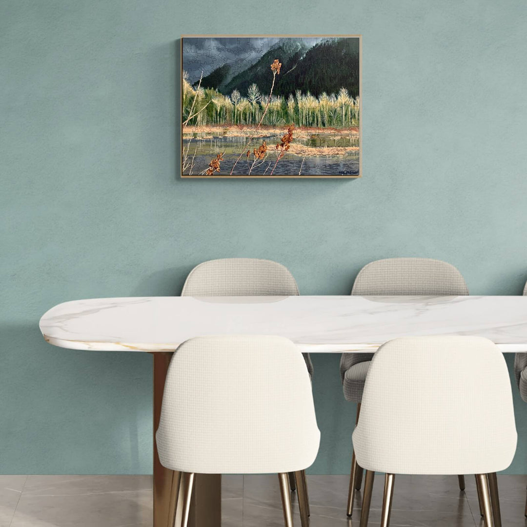 Distant Storm artwork by Marianne K Palmer displayed in a modern dining room with a stylish table and chairs.