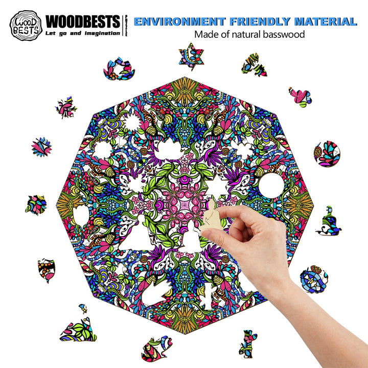 Colorful natural basswood puzzle in a hexagonal shape, featuring intricate doodle art patterns and a hand placing a piece.
