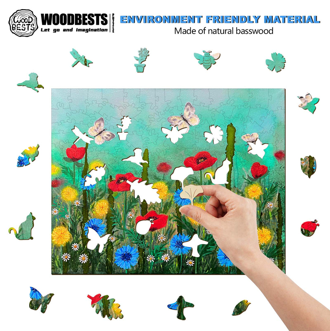 Hand assembling a colorful environment-friendly wooden puzzle of flowers and butterflies made from natural basswood.
