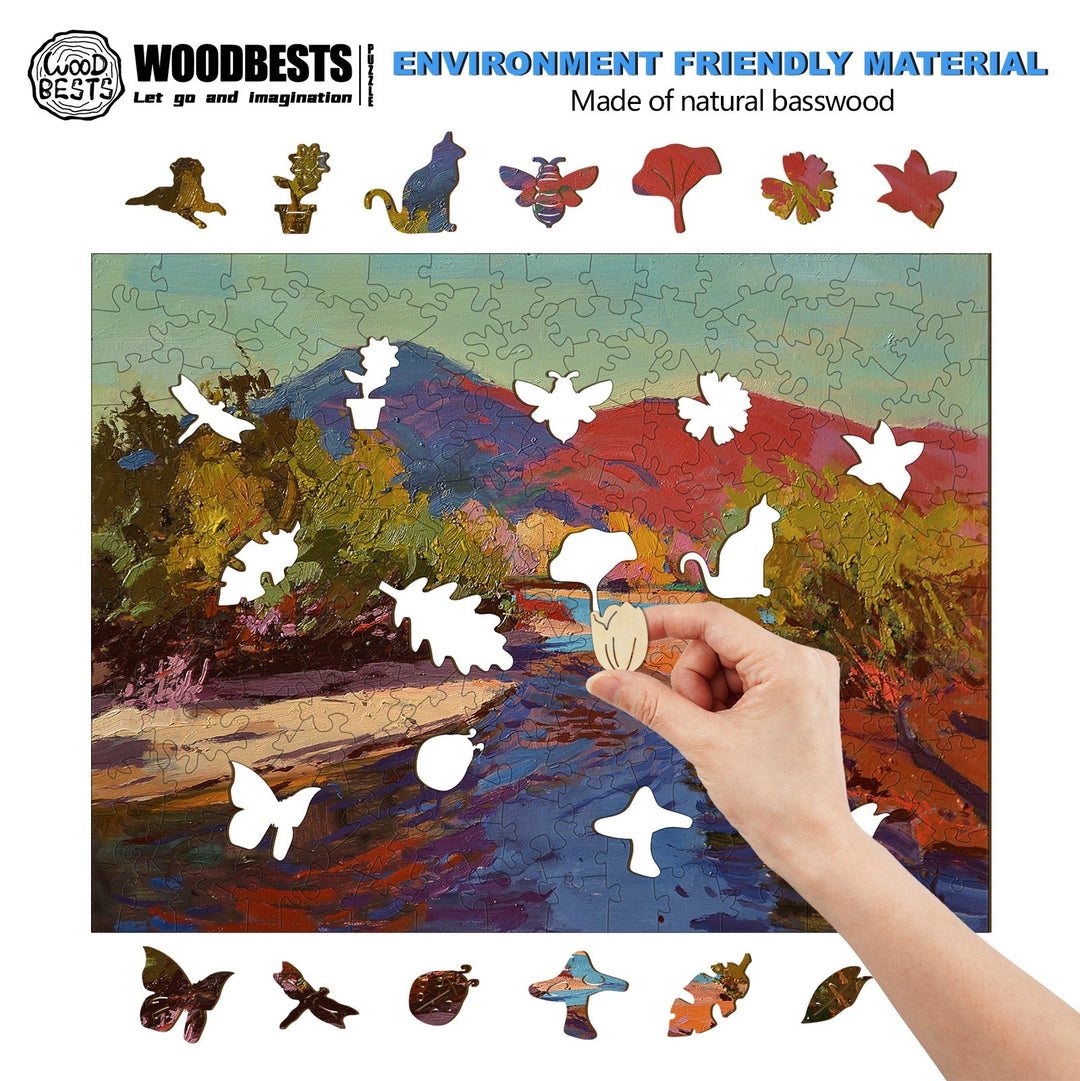 A hand assembling a colorful wooden puzzle made from natural basswood featuring various shapes and nature-themed pieces.