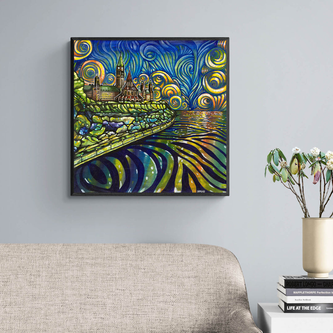 Parliament Glow artwork by Sarah Bradfield, vibrant colors and swirling patterns, displayed in a modern living room.