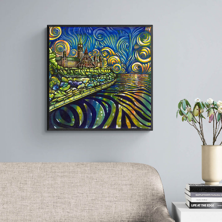 Parliament Glow artwork by Sarah Bradfield, vibrant colors and swirling patterns, displayed in a modern living room.