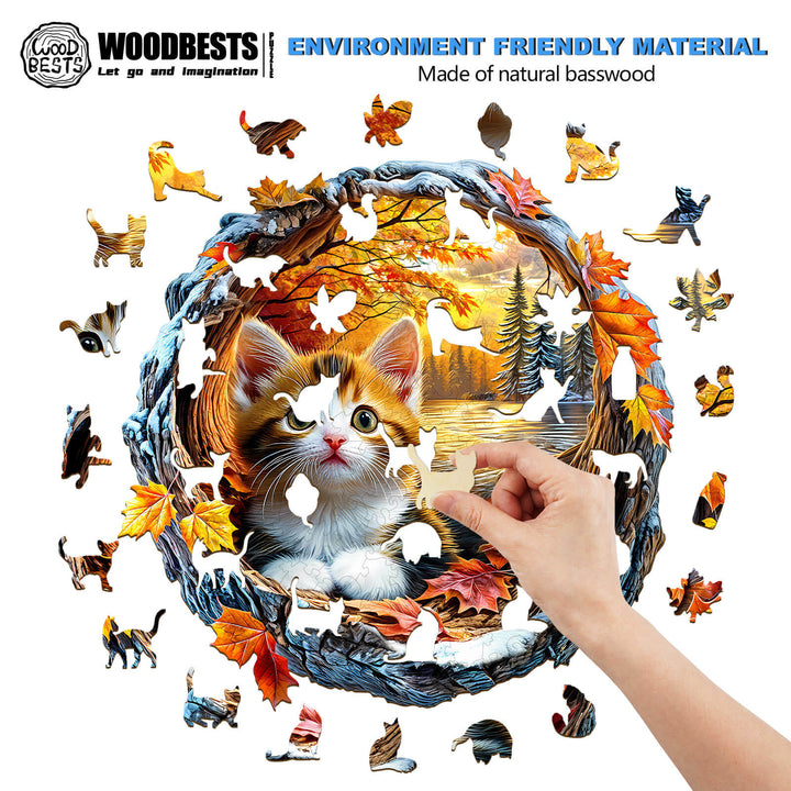 3D Kitten in Autumn Wooden Jigsaw Puzzle - Woodbests
