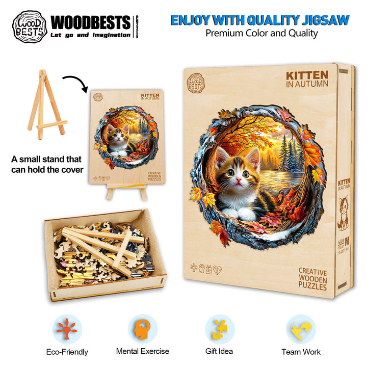 3D Kitten in Autumn Wooden Jigsaw Puzzle - Woodbests