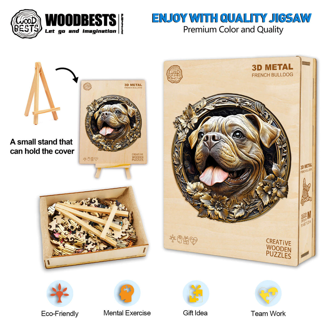3D Metal French Bulldog Wooden Jigsaw Puzzle - Woodbests