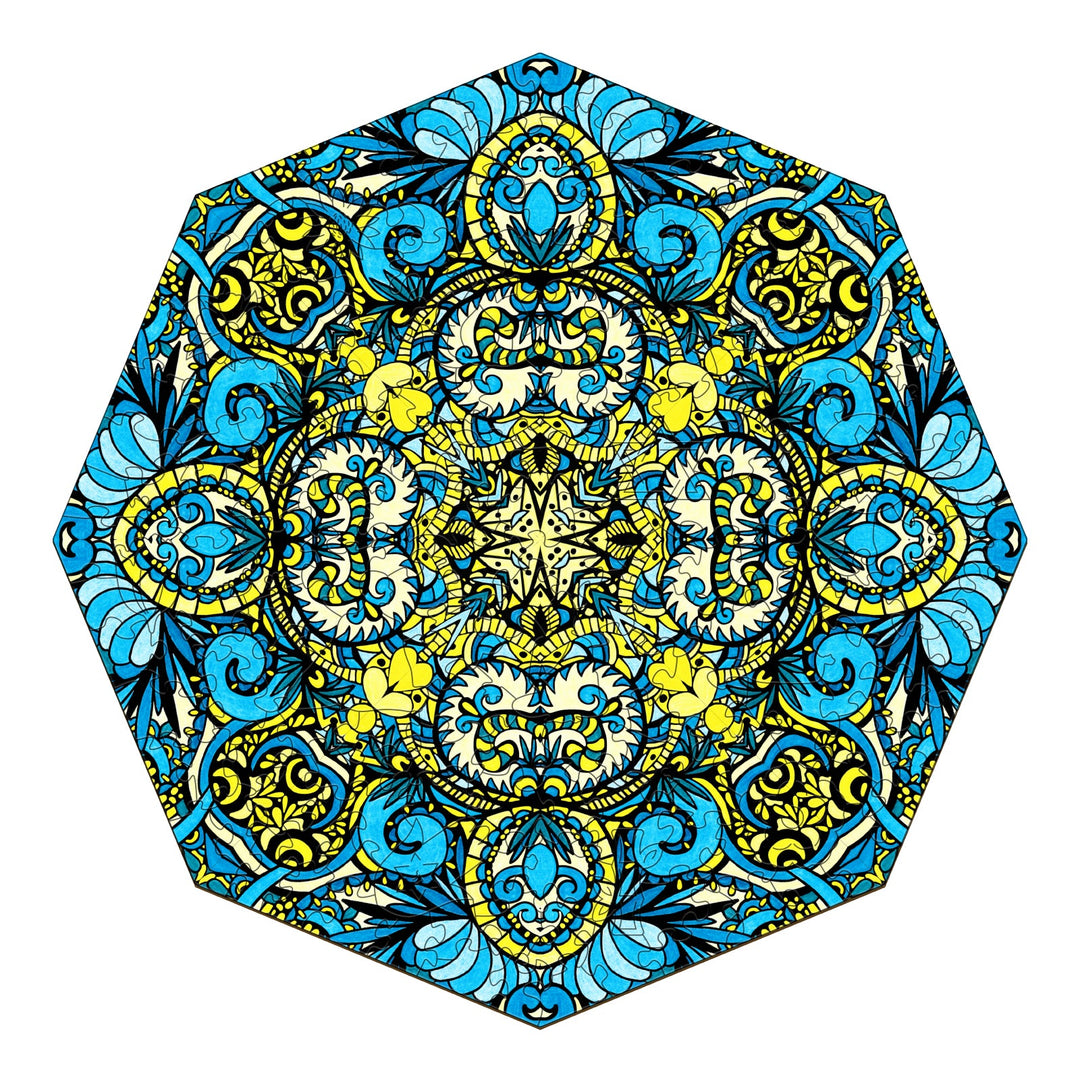 Colorful mandala art design featuring intricate patterns in blue and yellow, showcasing detailed doodle elements.