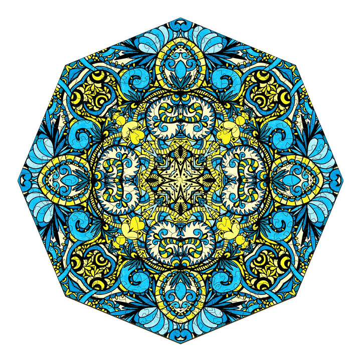 Colorful mandala art design featuring intricate patterns in blue and yellow, showcasing detailed doodle elements.