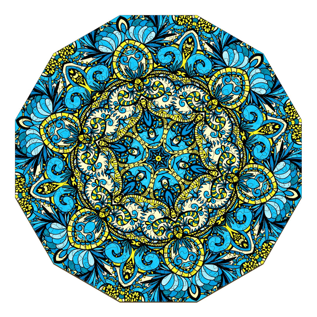 Intricate blue and yellow doodle art mandala design by Lori Anne McKague, showcasing detailed patterns and vibrant colors.
