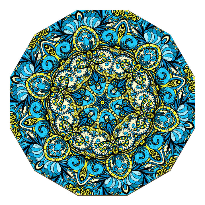 Intricate blue and yellow doodle art mandala design by Lori Anne McKague, showcasing detailed patterns and vibrant colors.