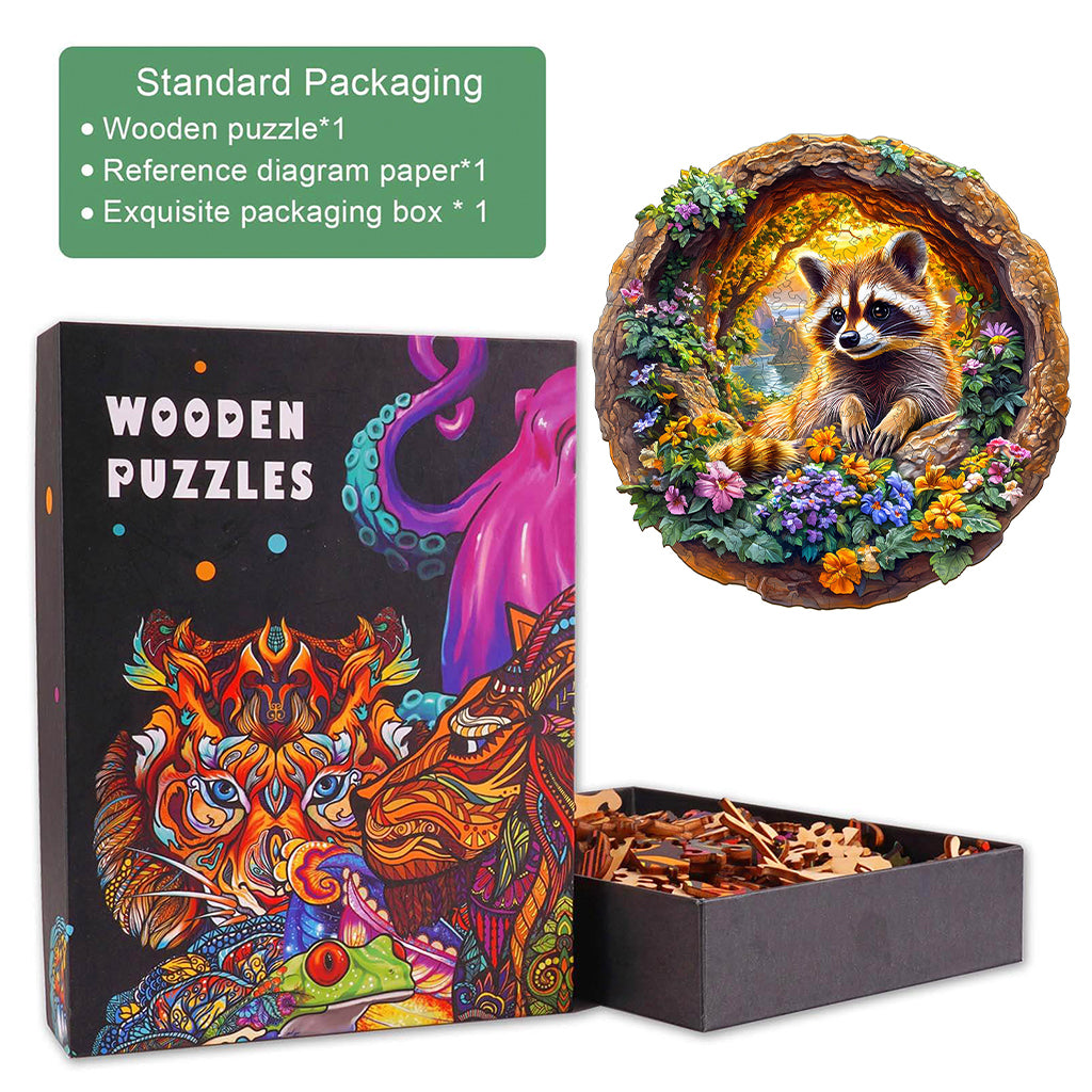 3D Raccoon on Vacation Wooden Jigsaw Puzzle