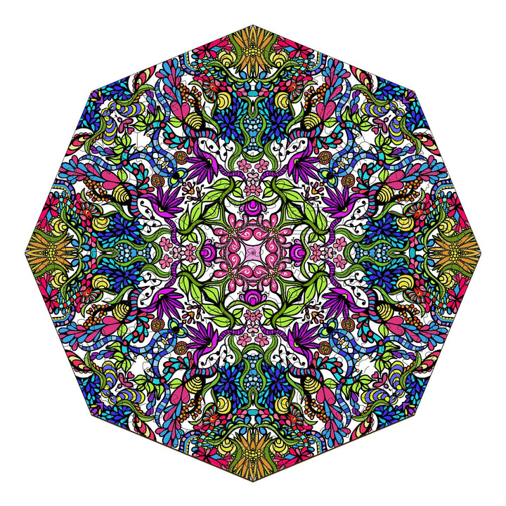 Colorful hexagonal mandala pattern featuring intricate floral and doodle designs by Lori Anne McKague.