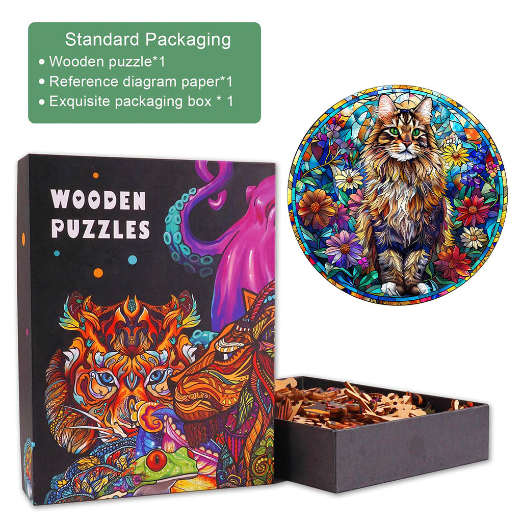 Stained Glass Maine Coon Wooden Jigsaw Puzzle