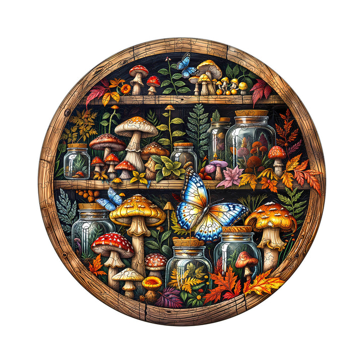 Colorful wooden jigsaw puzzle featuring mushrooms, jars, and a butterfly, perfect for puzzle lovers and nature enthusiasts.