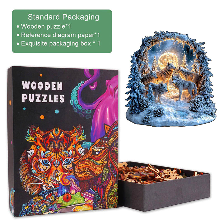 Snowy Night Wolf Pack Wooden Jigsaw Puzzle