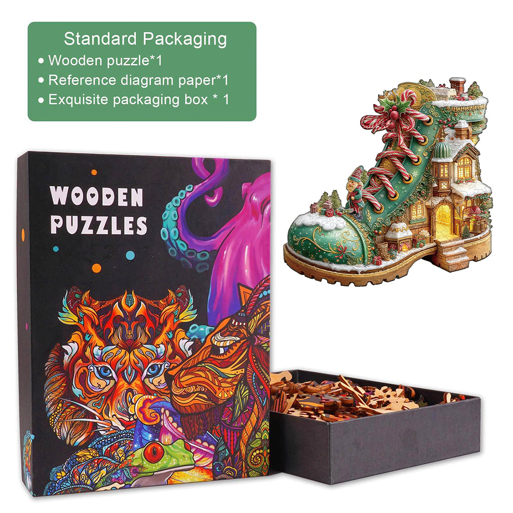 Christmas snow Boot Hut Wooden Jigsaw Puzzle