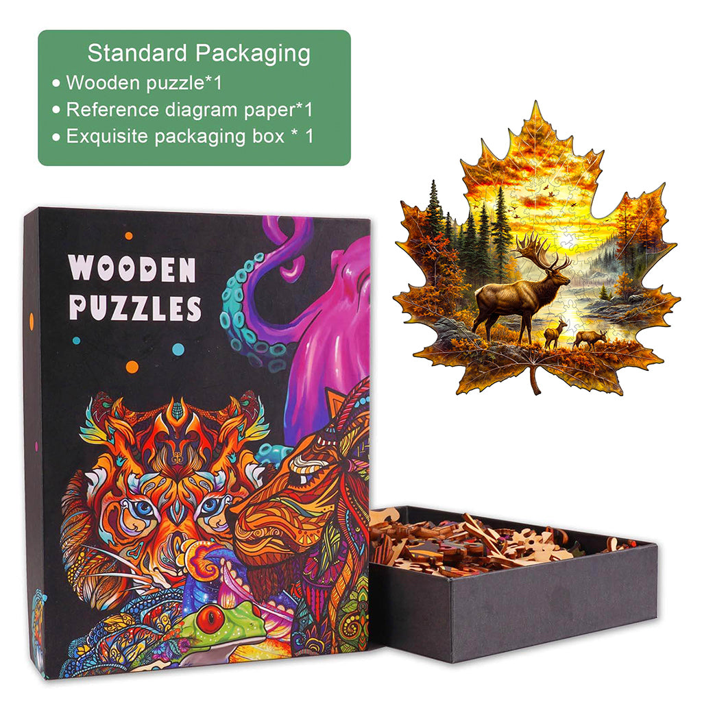 Elk and maple leaves Wooden Jigsaw Puzzle