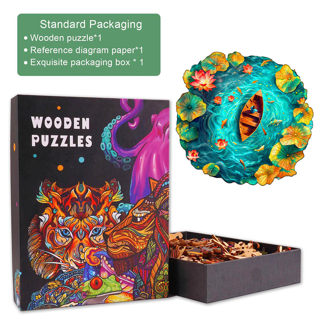 Boat and Lotus Wooden Jigsaw Puzzle